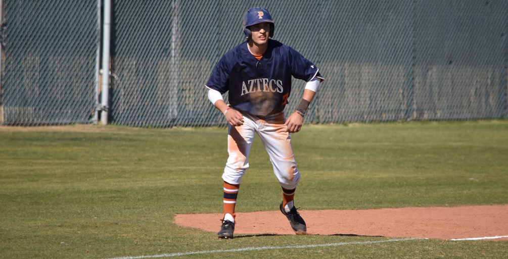 Sophomore Martin Garcia finished the day 5 for 7 with five runs scored in the leadoff spot in the line-up. The Aztecs earned a split with No. 7 Mesa Community College. Pima lost 7-4 and won 8-5 as they are now 19-25 overall and 9-23 in ACCAC conference play. Photo by Ben Carbajal