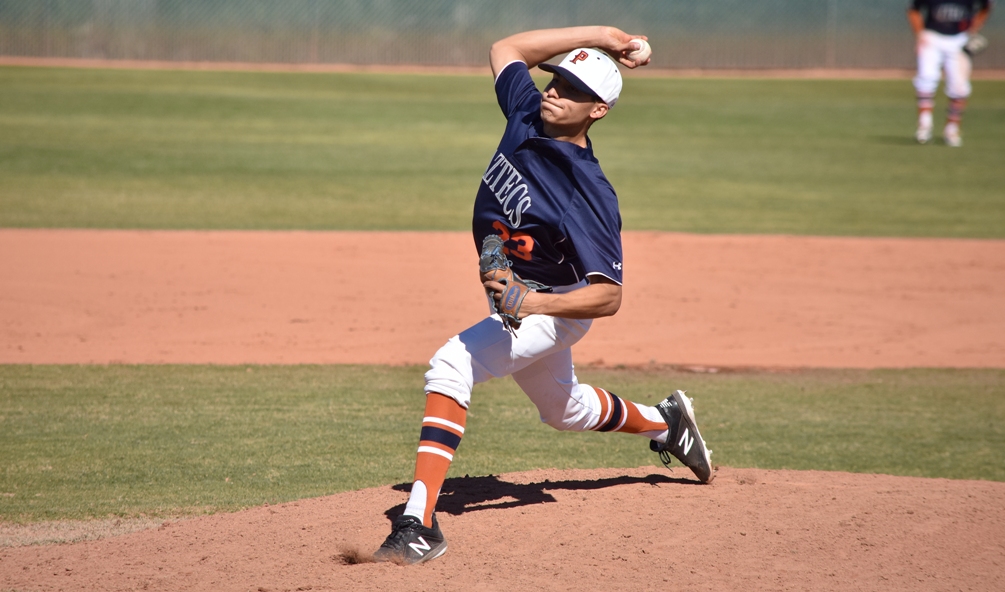 Freshman Adam Morgaga had produced a quality start in the first game going six innings giving up four runs (one earned) on five hits with three strikeouts but took the loss. The Aztecs dropped two at Central Arizona College and are now 16-22 overall and 8-20 in ACCAC conference play. Photo by Ben Carbajal