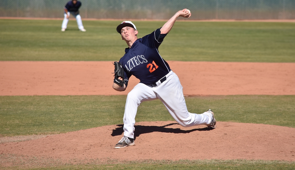Freshman Mason Myhre (Canyon del Oro HS) threw a no hitter in the first game win. He had 11 strikeouts and four walks. The Aztecs closed out the 2018 season with a 21-31 overall record and 11-29 in ACCAC play. Photo by Ben Carbajal