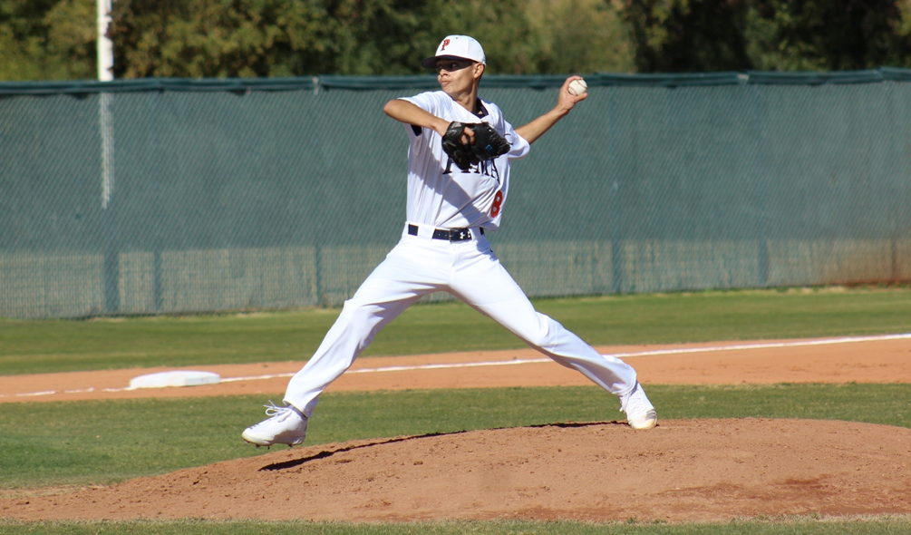 Sophomore Jose Contreras (Tucson HS) threw five scoreless innings in the first game giving up four hits with three strikeouts and one walk. the Aztecs swept Arizona Christian University JV to snap a six-game skid. The Aztecs are now 18-24 overall. Photo by Rene Escobar/AztecPress