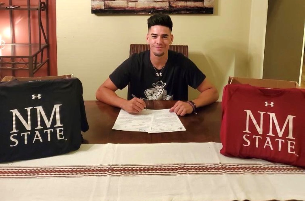 Aztecs baseball pitcher Ian Mejia (Sahuarita HS) signed his letter of intent to continue his education and collegiate career at New Mexico State University, an NCAA Division I school in Las Cruces, NM. He pitched 35.2 innings for the Aztecs with a 3-0 record and a 3.28 ERA before the season was cut short. Photo courtesy of Ian Mejia