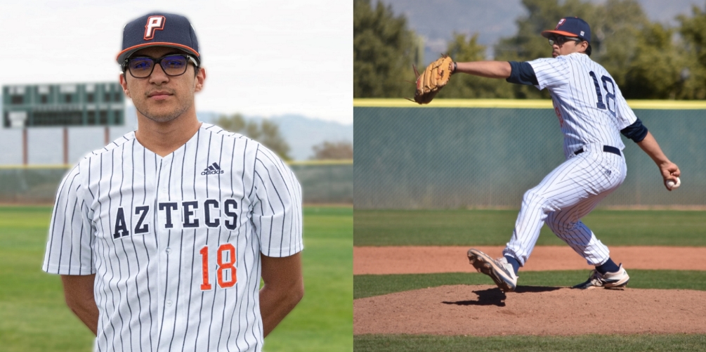 Aztecs baseball sophomore Angel Castillo (Sunnyside HS) signed his letter of intent to play at New Mexico Highlands University, an NCAA Division II school in Las Vegas, NM. Castillo went 4-2 with a 1.47 ERA this season. Headshot by Danielle Main. Action photo by Ben Carbajal