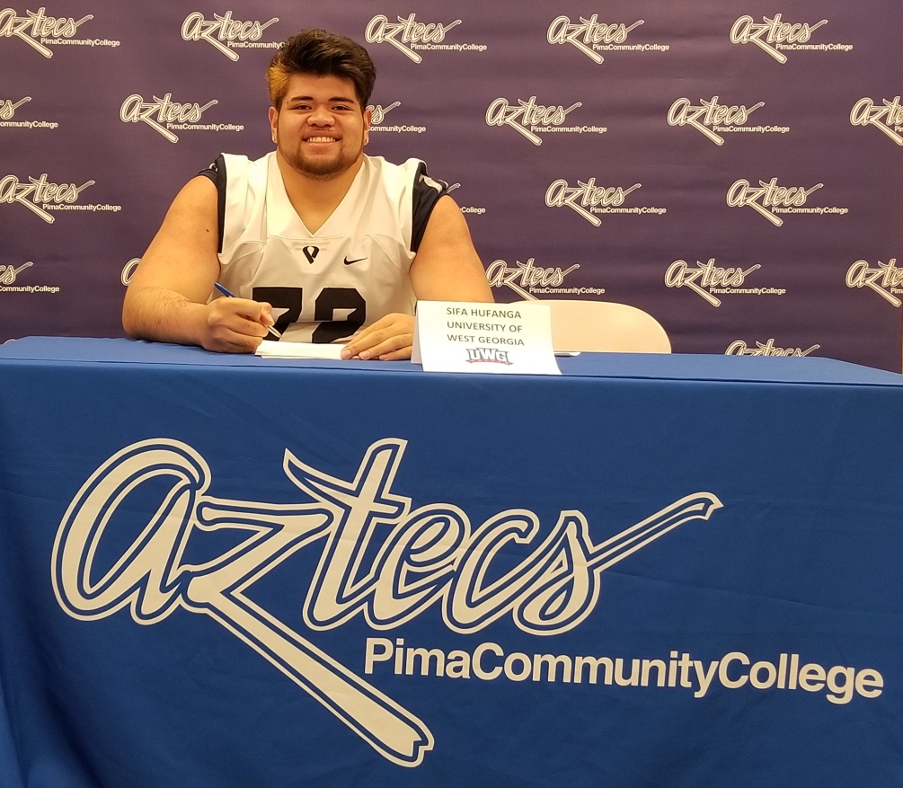 Sophomore offensive lineman Sifa Hufanga signed his letter of intent to the University of West Georgia, an NCAA Division II school in Carrollton, GA. He played 19 games in his career at Pima. Photo by Raymond Suarez