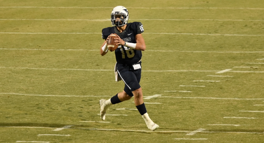 Freshman quarterback KC Moore scored a rushing touchdown but the Aztecs fell to Mesa Community College 49-17 to close out the 2017 season. The Aztecs finished 2-9 overall and 0-7 in WSFL play. Photo by Ben Carbajal.