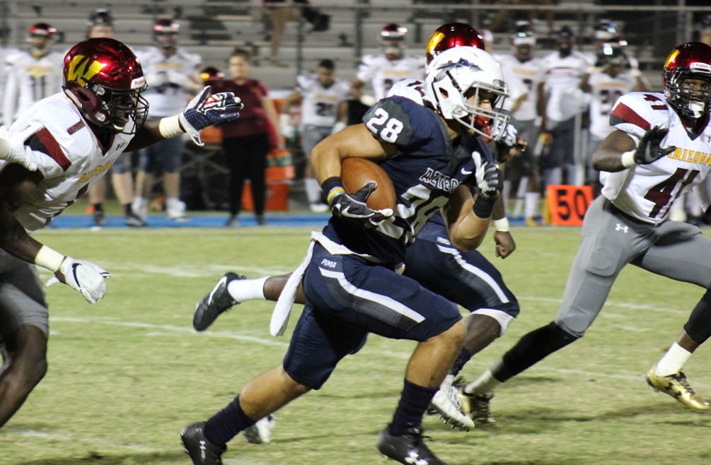 Freshman Ronson Young caught a 30-yard touchdown pass as part of Pima's rally but the Aztecs fell in double overtime to Glendale Community College 37-30. The Aztecs are now 2-8 overall and 0-6 in WSFL play. Photo by Rene Escobar