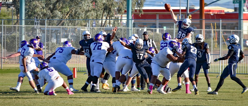 Freshman Jake Smith (#99) came up with the game-saving blocked field goal with less than five seconds left as the Aztecs beat Eastern Arizona College 28-26 on Saturday in Pima's final home game. The Aztecs improve to 6-1 overall and 5-0 in WSFL play. Photo by Ben Carbajal