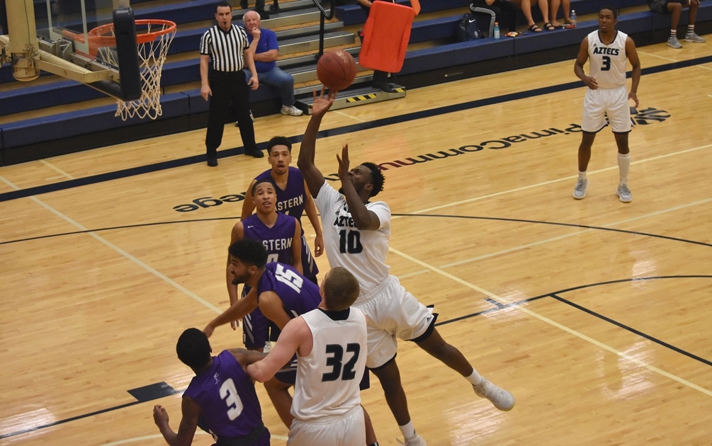 Sophomore Ilunga Moise was the difference maker on the boards as he finished with a double-double of 17 points and 24 rebounds in Pima's 108-84 win over the College of Southern Maryland in the first round of the NJCAA Division II Tournament. The Aztecs play in the quarterfinals on Wednesday at 8:00 p.m. (CDT). Photo by Ben Carbajal
