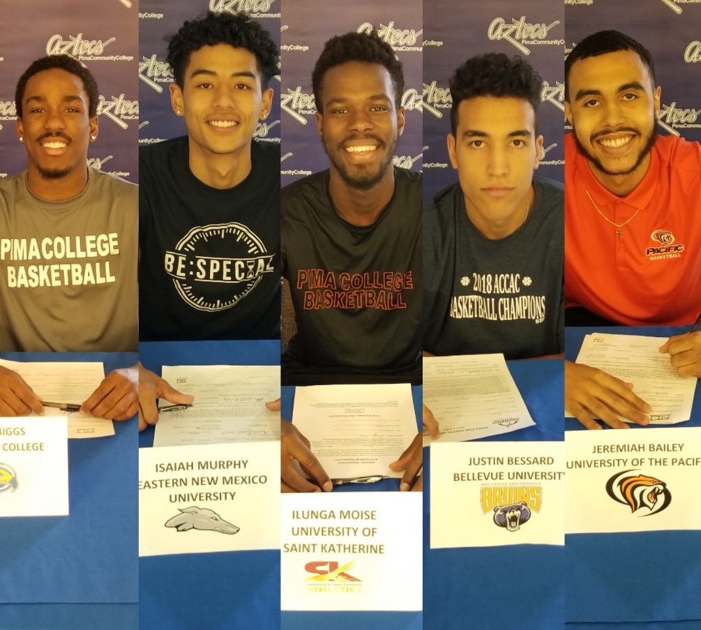 Sophomores Keven Biggs (Cienega HS), Isaiah Murphy (Cienega HS), Ilunga Moise (Raymond S. Kellis HS), Justin Bessard and freshman Jeremiah Bailey signed their letters of intent to play at the four-year level. Photo by Raymond Suarez