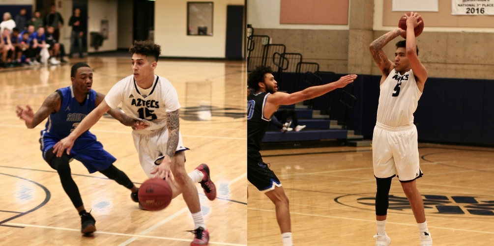 Former Aztecs men's basketball players Abram Carrasco (Cholla HS) and Justin Bessard were named NAIA All-Americans this season for Westmont College (CA). They were both part of the 2018 Aztecs team that finished runner-up at the NJCAA Division II National Tournament. Photos by Stephanie Van Latum