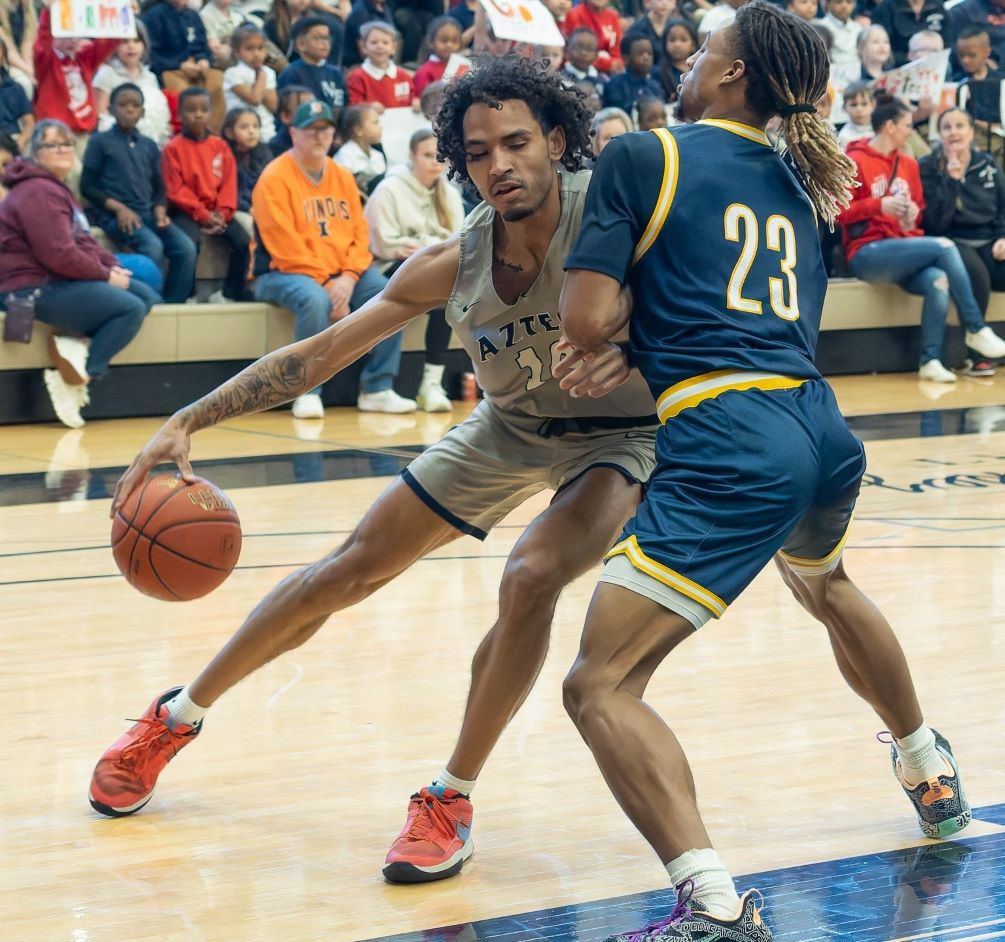 Sophomore Jaylen Alexander finished with 13 points and 12 rebounds but the No. 9 seeded Aztecs Men's Basketball's season came to a close after they fell to No. 10 St. Clair County Community College 80-70 on Friday in Danville, IL. The Aztecs finished their 2023-24 season at 29-6 overall (most wins in a season since the 2018-19 season). Photo courtesy of NJCAA