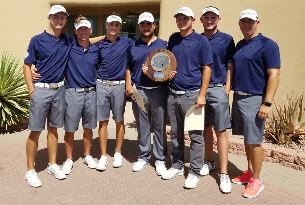 The Aztecs men's golf team captured the second place plaque at the Region I Championship on Sunday at the Gold Canyon Golf Resort. Diego Cueva-Schraidt and Bobby Padilla were named NJCAA All-Region. (Left to right): Sean Moreno, Cooper Cordova, Johnny Fiore, Diego Cueva-Schraidt, Bobby Padilla, Trevor Gregoire and head coach Rich Elias. Photo by Raymond Suarez