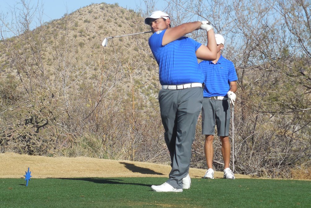 Freshman Diego Cueva-Schraidt (Sabino HS) holds a two-stroke lead after the second round of the Region I, Division I Championships. He has a two-day total of 147 (73-74) at the Gold Canyon Golf Resort. The Aztecs sit in second place. Photo by Raymond Suarez