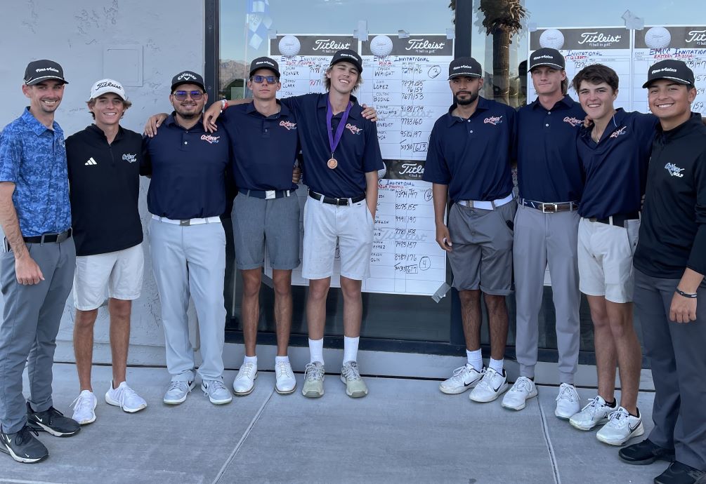 The Aztecs Men's Golf team produced their best finish in the team standings so far this season as they took third place with a two-day score of 613 (303-310) at the Estrella Mountain CC Invitational on Saturday in Goodyear, AZ. Freshman Caysen Wright took third place in the individual standings with a score of 146 (72-74). Photo courtesy of Chris Hubbard