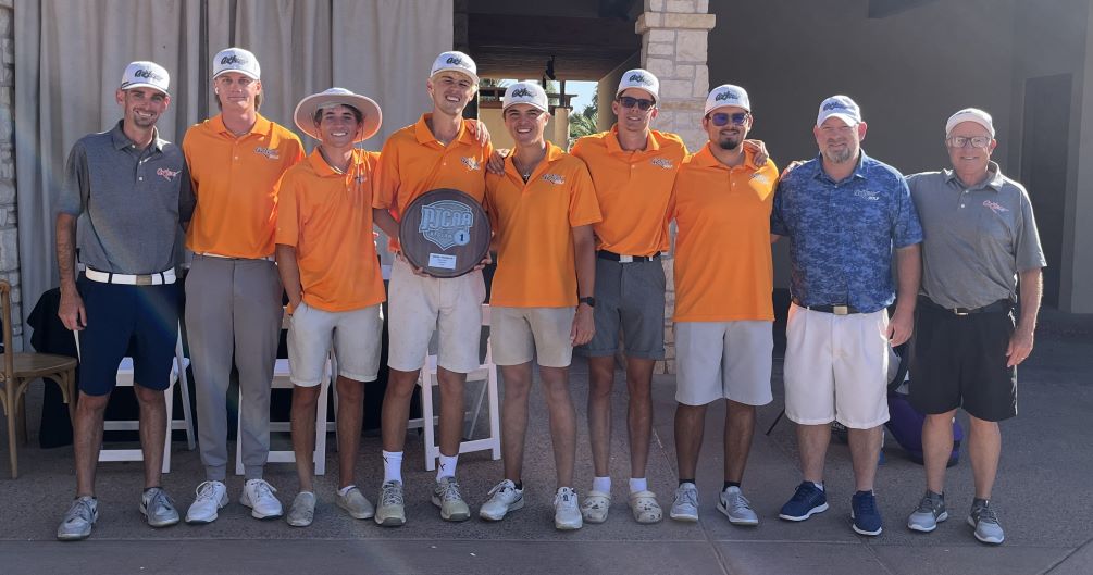 The Pima Men's Golf team took second place in the final team standings at the Region I Championships. Freshman Caysen Wright earned All-Region I, Division I honors after he finished eighth in the final standings. (Left to Right): Coach David Wils, Ethan McWilliams, Gabe Herbst, Caysen Wright, Jens Benedict, Colton Boone, Luis Lopez, Volunteer coach Donn Hess, Coach Chris Hubbard.