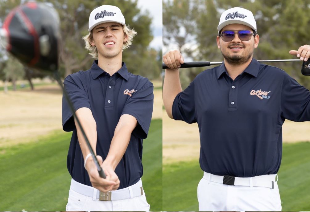 Freshman Caysen Wright shot a 6-under par 66 and finished tied for eighth place with a 141 (66-75) while sophomore Luis Lopez (Sahuarita HS) shot a 1-under par 71 in the second round and was tied for 16th place with a 145 (74-71). The Aztecs closed out their first tournament of the season tied for fourth place with a team score of 588 (289-299). Photos by Stephanie van Latum