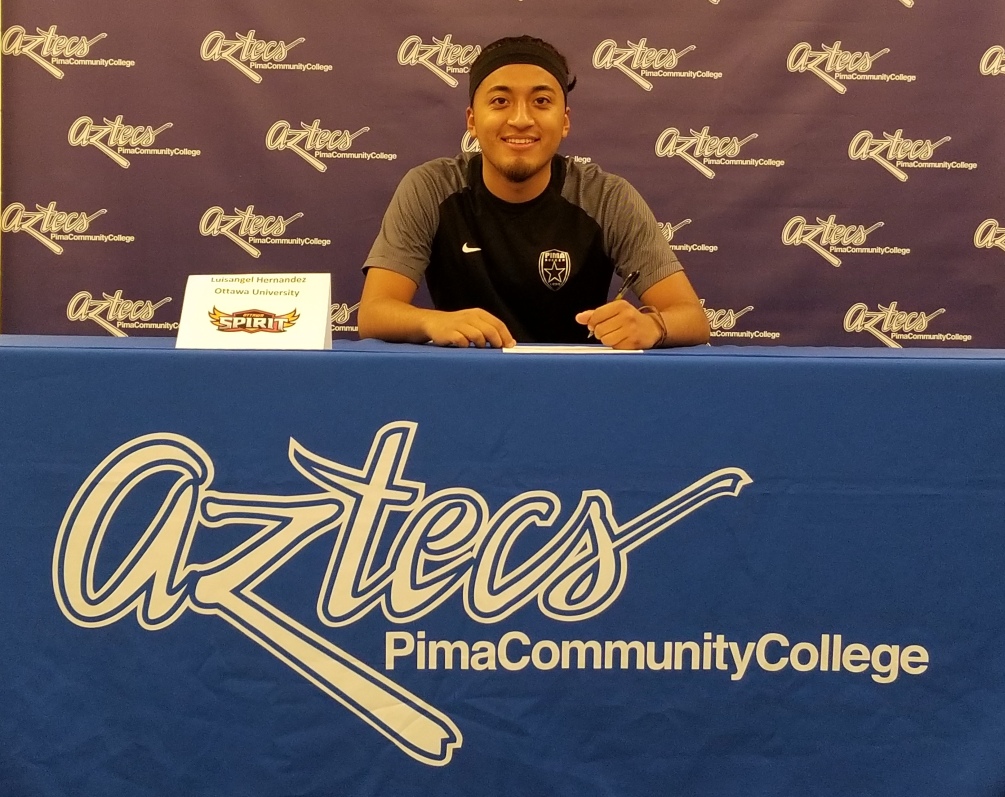 Sophomore midfielder Luisangel Hernandez signed his letter of intent to play at Ottawa University Arizona. Hernandez will join teammate Julian Gaona to play for the Spirit next fall. He played in 13 games this season as the Aztecs went a combined 37-8-4 in two years. Photo by Raymond Suarez