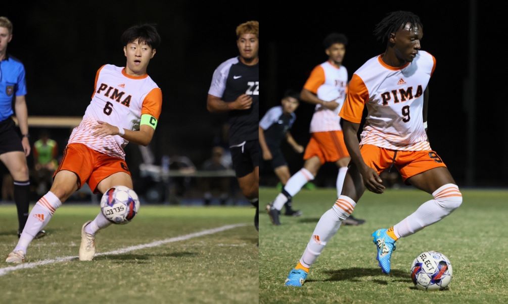 Sophomore Junyoung Hwang and freshman Voltaire Tillakembaye (Rincon HS) were two of the four goal scorers for the No. 4 ranked Aztecs as they beat GateWay Community college 4-0 for their fourth straight shutout victory. The Aztecs improved to 7-1 overall and 4-1 in ACCAC conference play. Photos by Stephanie van Latum