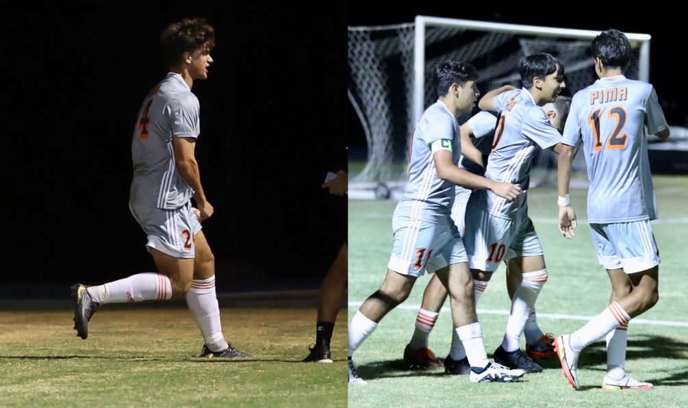 Daniel Ehler (#24), Brandon Sanchez (#11), Victor Loredo (#10) and Ismael Ruiz (#12) scored goals for the No. 3 ranked Aztecs Men's Soccer team as they beat No. 14 Mesa Community College 4-1 on Tuesday at the West Campus Aztec Field. The Aztecs are now 10-1 overall and 7-1 in ACCAC play. Photos by Stephanie van Latum and Steve Escobar