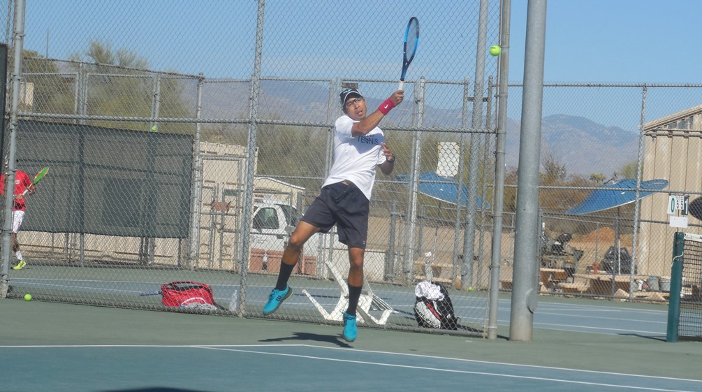 Freshman Tomothy Ou earned Pima's sole victory at No. 1 singles. He beat Jorge Sala 6-2, 6-2 but the Aztecs fell to No. 9 Mesa Community College 8-1. The Aztecs are 0-1 on the season. Photo by Raymond Suarez
