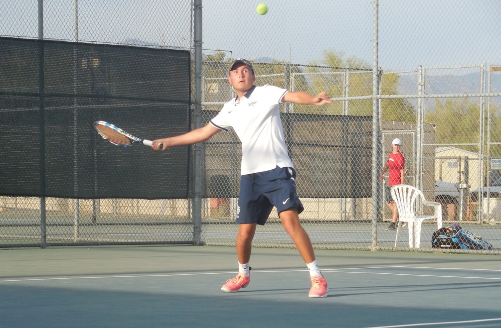 Freshman Beau Boyer (Cibola HS) rallied after dropping the first set to beat Jonah Steffen in the No. 6 singles semifinal round 4-6, 6-3, 6-3. He will play Jeffery Martin from Mesa in the finals on Wednesday. Photo by Raymond Suarez