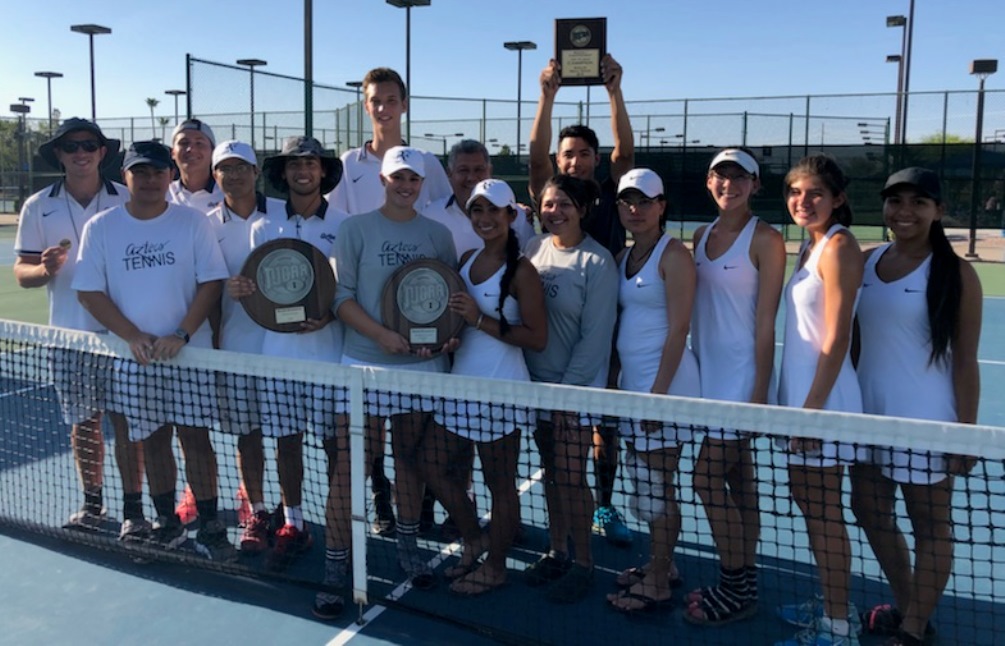 The Aztecs men's and women's tennis teams display their second place plaques and medals. Photo courtesy of Ian Esquer