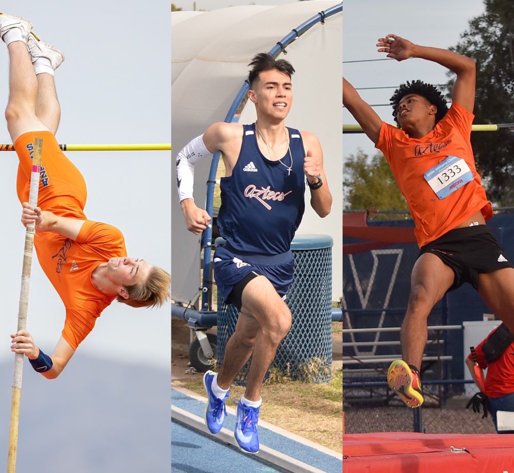(1) Aztecs Men's Track & Field claimed three ACCAC Conference titles on Friday as Adam McCoy (Pole Vault), Abraham Valenzuela (5,000-meters) and Nathaniel Curtiss (High Jump) were tops in their events. The Aztecs took second place and went 4-1 in head-to-head competition. Pima had 13 athletes claim All-ACCAC honors. Photos by Stephanie van Latum and Ben Carbajal