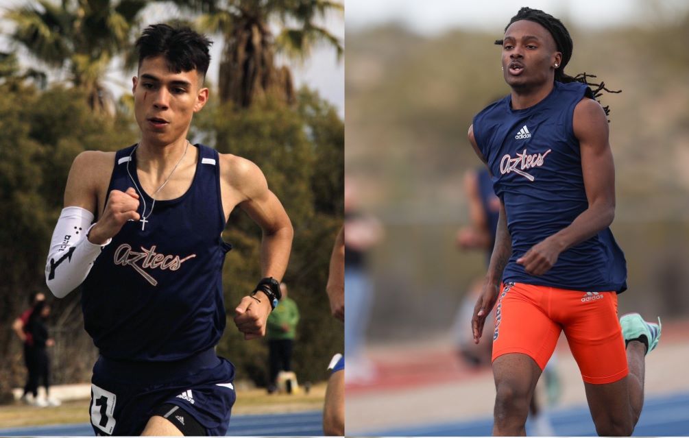 Sophomore Abraham Valenzuela (Palo Verde HS) and freshman Nasir Tucker (Palo Verde HS) broke Pima Indoor school records and set national qualifying times on Saturday at the PVCC Indoor Invitational. Valenzuela finished the 3000-meter race with a time of 8:30.01 while Tucker finished the 200-meter race at 21.59. Photos by Chalen Lozano and Stephanie van Latum