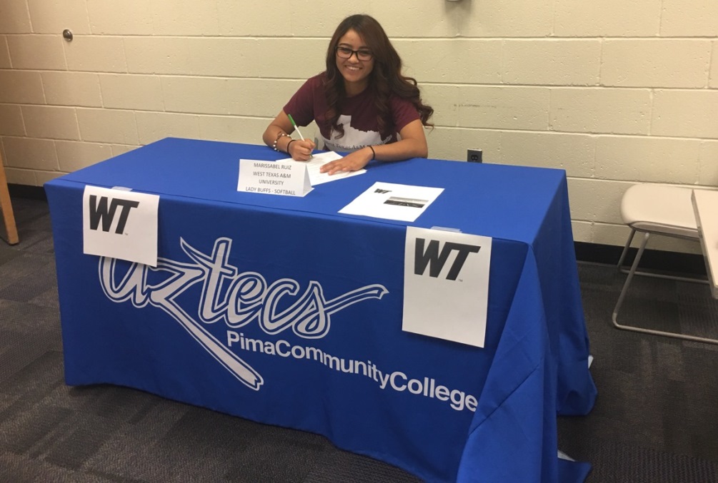 Sophomore Mari Ruiz (Cholla HS) signed her national letter of intent to play at West Texas A&M starting in the fall. She played her first year at Phoenix College. Photo by Armando Quiroz.