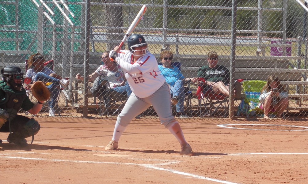 Freshman Maria Vanezza Caldera (Tucson HS) was selected ACCAC Division I Player of the Week on Monday as she went 7 for 9 (.778) with five runs scored, three RBIs and three doubles. She is hitting .582 on the season. Photo by Raymond Suarez