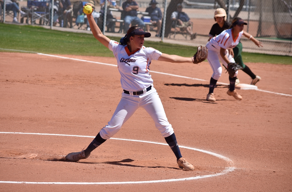 Freshman Alese Casper went 5 for 7 with five runs scored and she earned both wins on the mound (11-8) as the Aztecs softball team swept Scottsdale Community College. The Aztecs improved to 33-17 overall and 24-16 in ACCAC conference play. Photo by Ben Carbajal