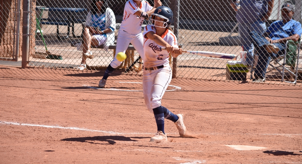 Sophomore Chandler Arviso (Cibola HS) went 3 for 3 with two RBIs and a run scored in her final game for the Pima Aztecs. The Aztecs will missed the Region tournament for the first time in 16 years. They finished the season at 35-23 overall and 26-22 in ACCAC conference play. Photo by Ben Carbajal
