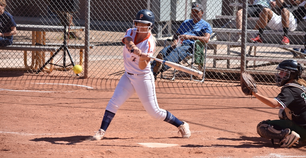Freshman Sarrah Jones went 2 for 3 with an RBI in the first game but the Aztecs were swept at Eastern Arizona College on Saturday in Thatcher. The Aztecs are 31-17 overall and 22-16 in ACCAC conference play. Photo by Ben Carbajal.