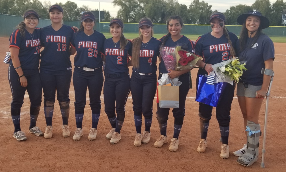 The eight sophomores were recognized after Tuesday's doubleheader (left to right): Edith Prieto, Alyssa Smith, Marissa Moreno, Chandler Arviso, Vanessa Duarte, Megan Flores, Sierra Gentry and Alyse Talamante. The Aztecs are 35-21 overall and 26-20 in ACCAC play. Photo by Raymond Suarez