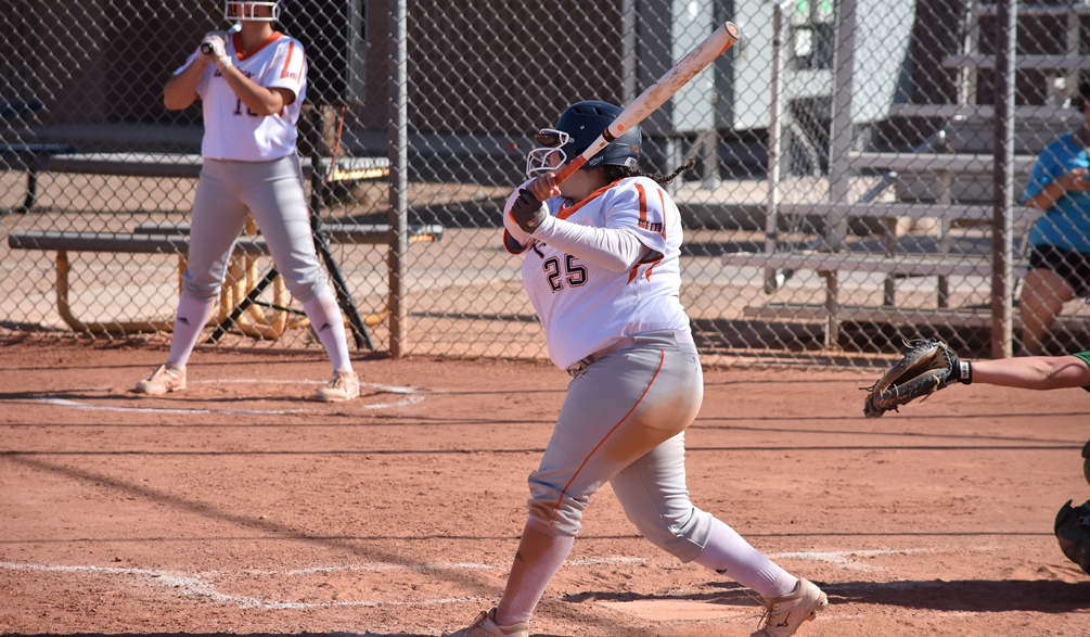 Freshman Maria Vanezza Caldera (Tucson HS) went 4 for 5 with five RBIs on the day but the Aztecs dropped their games to No. 6 Phoenix College 13-4 and 8-7. The Aztecs are now 35-19 overall and 26-18 in ACCAC conference play. Photo by Ben Carbajal