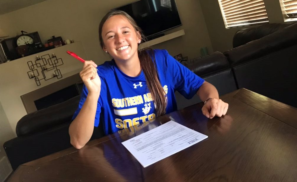 Aztecs softball player Alese Casper signed her letter of intent to play at Southern Arkansas University, an NCAA Division II school in Magnolia, AK. She played in all 58 games for the Aztecs this season. Photo courtesy of Alese Casper.