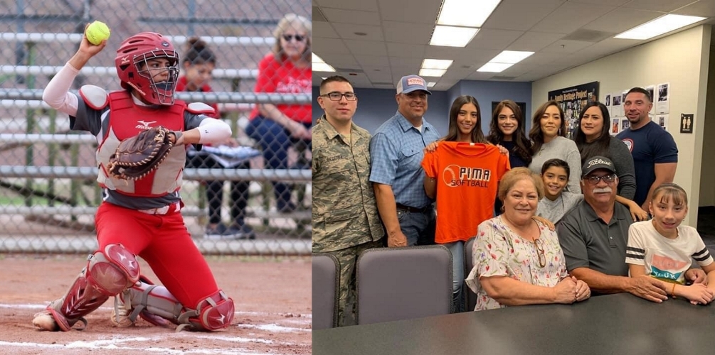 Tucson Magnet High School catcher/utility player Kelli Samorano signed with Aztecs softball back in November. She was a four-year varsity player. In the first three years, she batted .388 with 87 hits, 76 RBIs and 39 runs scored. Action photo by Andy Morales/Allsportstucson.com. Family photo courtesy of Kelli Samorano