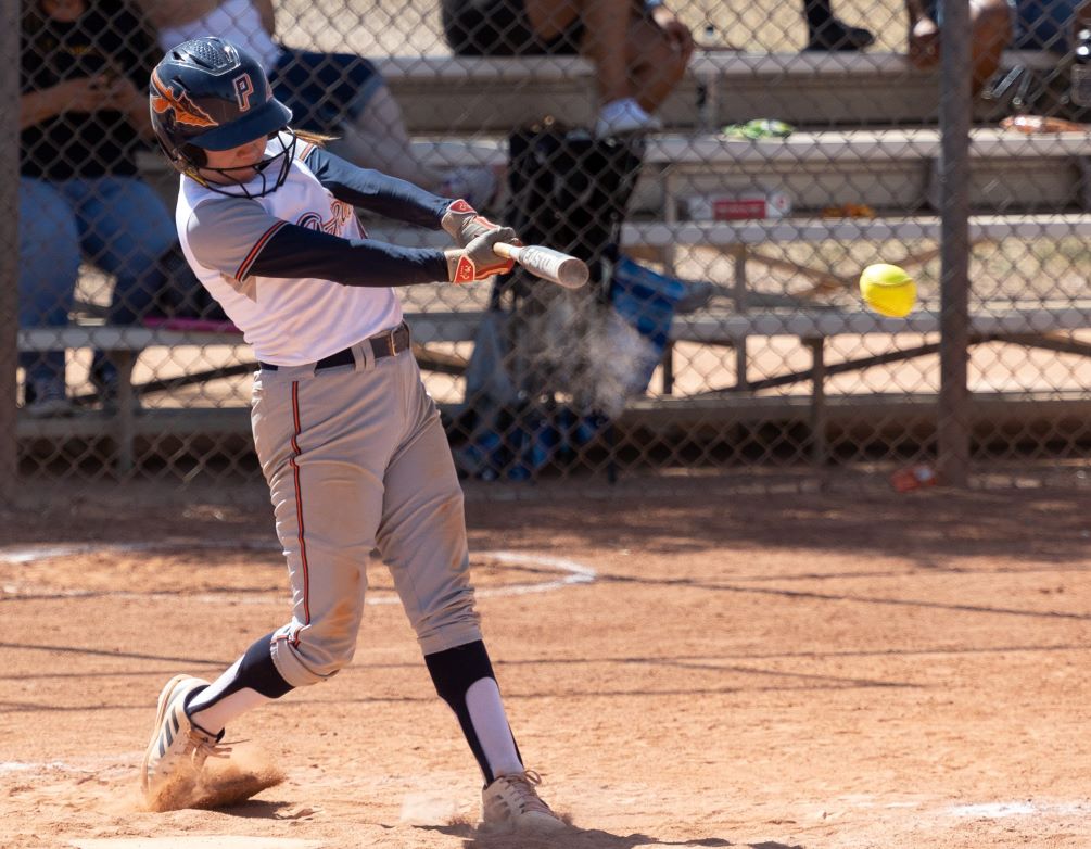 Freshman Camila Zepeda (Tucson Magnet HS) was crucial to Pima's offense as she went 3 for 8 with five RBIs and four runs scored as Aztecs softball fell to Central Arizona College 10-9 but bounced back to beat Arizona Western College 8-4 in an elimination game. The Aztecs play Central Arizona in an elimination game on Saturday at 10:00 a.m. Photo by Stephanie van Latum