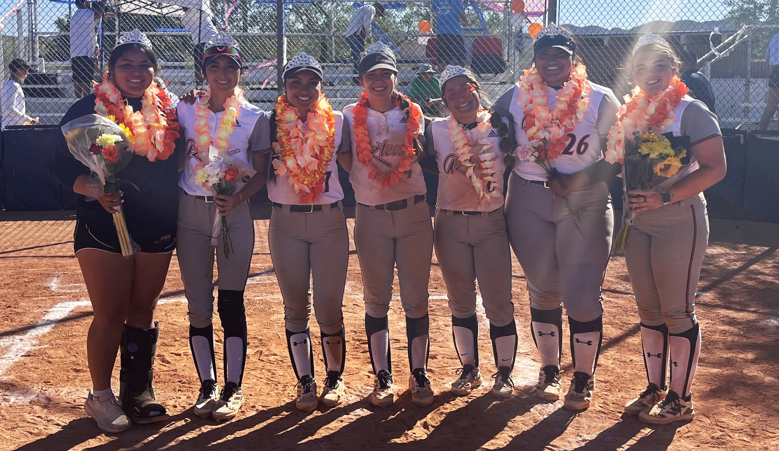 The Aztecs softball snapped a four-game skid after sweeping Yavapai College 13-4 and 4-3 on Tuesday at Aztec Field. After the games, the seven sophomores were recognized. (Left to right): Alexis Tsosie-Hood, Jasmine Majonica (Flowing Wells HS), Mina Chacon (Tucson Magnet HS), Camila Zepeda (Tucson Magnet HS), Gabriella Salazar (Marana HS), Kayla Miranda (Tucson Magnet HS) and Mallory Zylinski-Wrobel (Sahuarita HS)/Photo by Ray Suarez