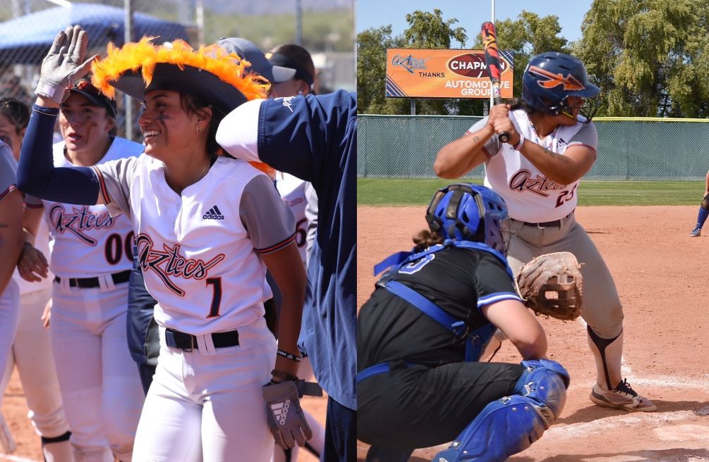 Sophomore Mina Chacon (Tucson Magnet HS) and freshman Stephany Montoya (Kofa HS) combined to go 9 for 13 with 15 RBIs and nine runs scored as the Aztecs Softball team won their 16th straight game after sweeping GateWay community College with 42 runs (21-1 and 21-6). The Aztecs are now 25-8 overall and 12-2 in ACCAC conference play. Photos by Steve Escobar and Ben Carbajal