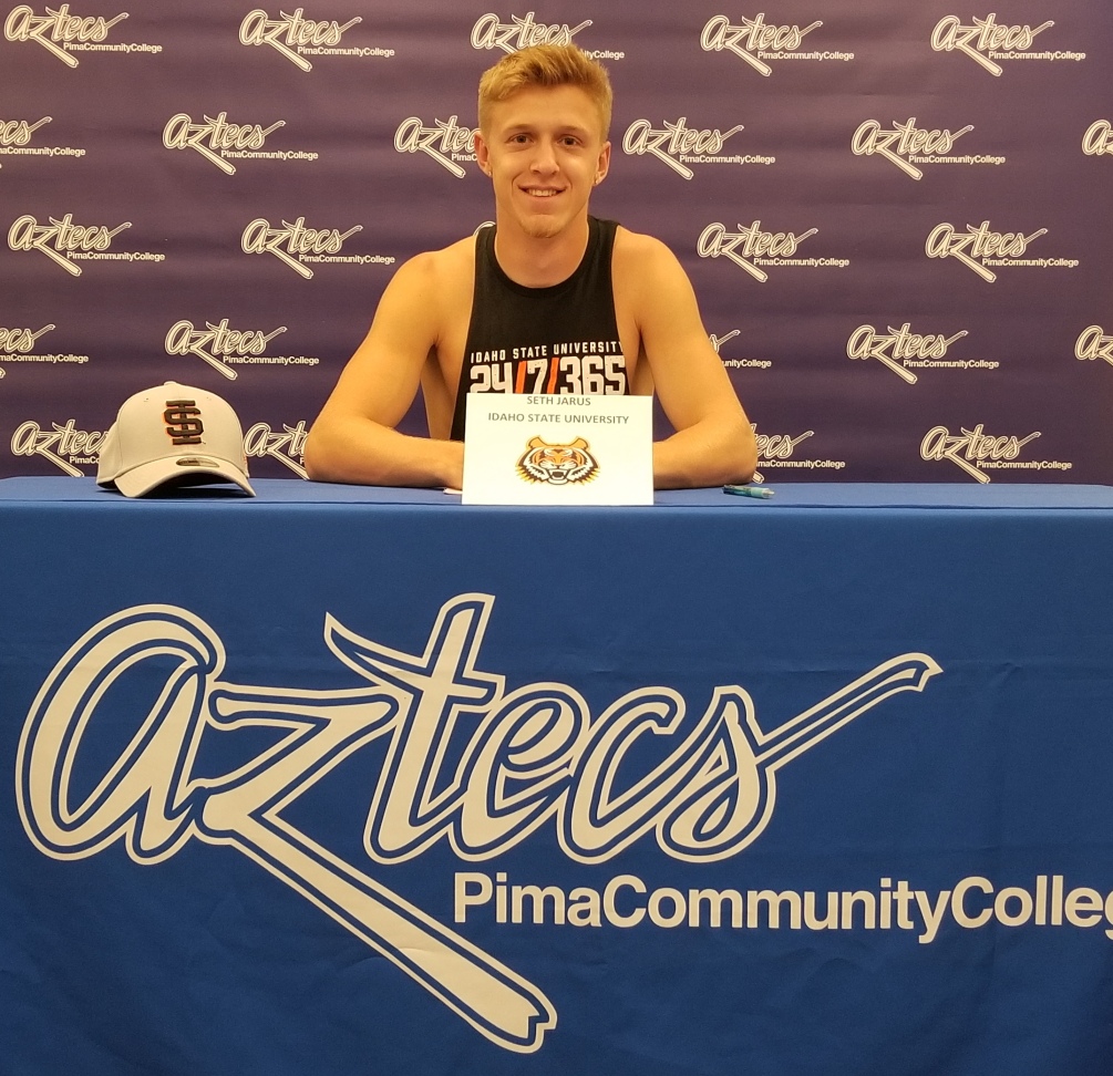 Sophomore jumper Seth Jarus (Wickenburg HS) signed his letter of intent to Idaho State University. He won the NJCAA Division I Outdoor National Championship in the long jump last season. Photo by Raymond Suarez