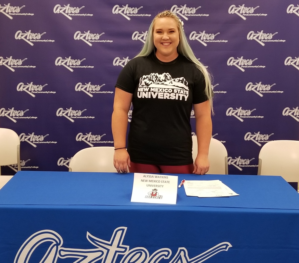 Sophomore thrower Alyssa Watkins (Camp Verde HS) signed her letter of intent to New Mexico State University in Las Cruces, NM. She's earned All-Region in two events so far and All-ACCAC status in three events this season. Photo by Raymond Suarez