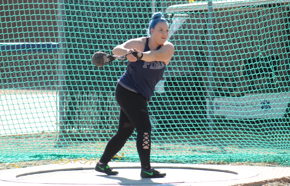 Sophomore Alyssa Watkins improved on her national qualifying mark in the hammer throw. She took second place at the Cody McBride Invitational with a throw of 157-feet, 9-inches. Photo by Michelle Trujillo