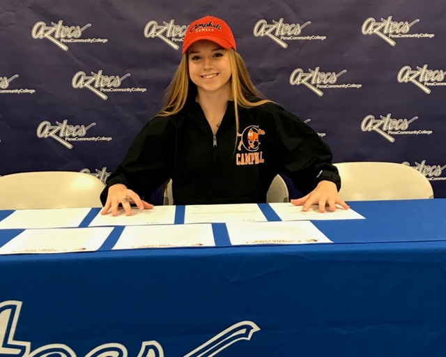 Sophomore jumper Hailey Myles (Boulder Creek HS) signed her national letter of intent to Campbell University, an NCAA private institution in Buies Creek, North Carolina. She was the NJCAA Region I triple jump champion last year. Photo courtesy of Hailey Myles.