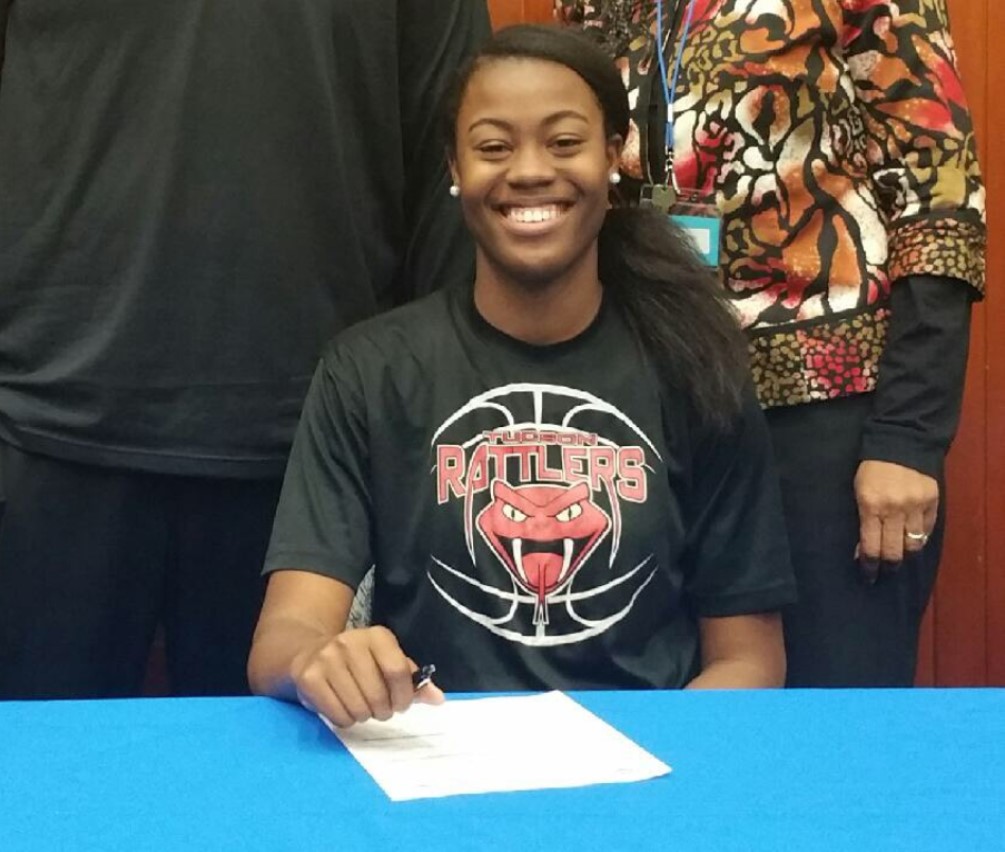 Quinnesha "Q" Mitchell (Marana HS) signed her letter of intent to play collegiate basketball for the Aztecs. She was second team All-Region after she averaged 4.7 points, 7.3 rebounds and 2.6 steals per game. Photo courtesy of Quinnesha Mitchell.
