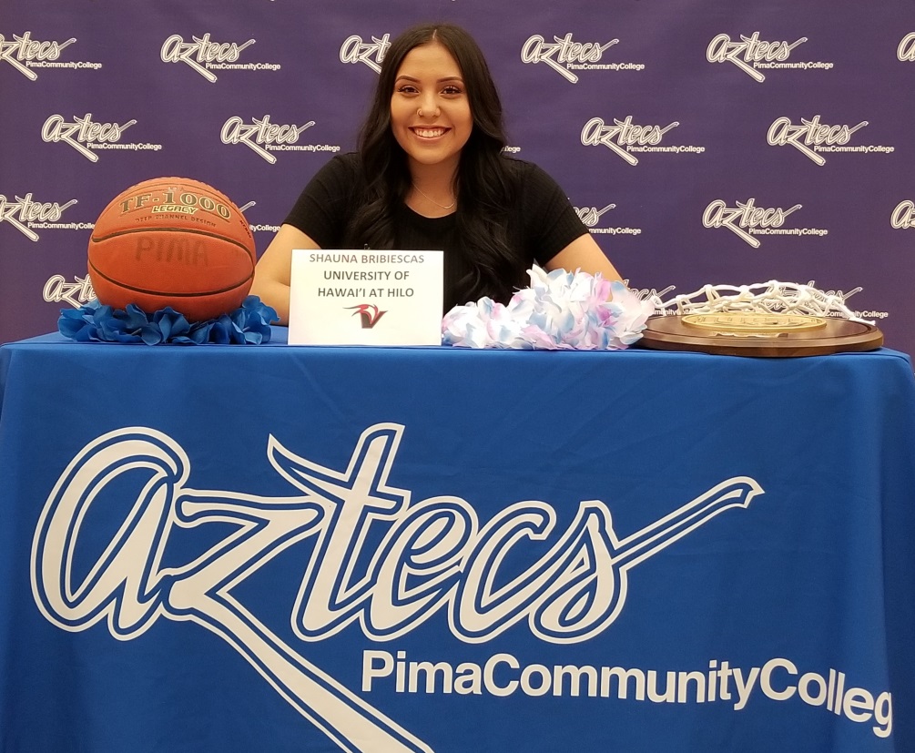 Sophomore Shauna Bribiescas (Dobson HS) signed her letter of intent to the University of Hawai'i at Hilo, an NCAA Division II school out of the Pacific West Conference. Bribiescas had 13 double-doubles this season and was named second team NJCAA All-American. Photo by Raymond Suarez
