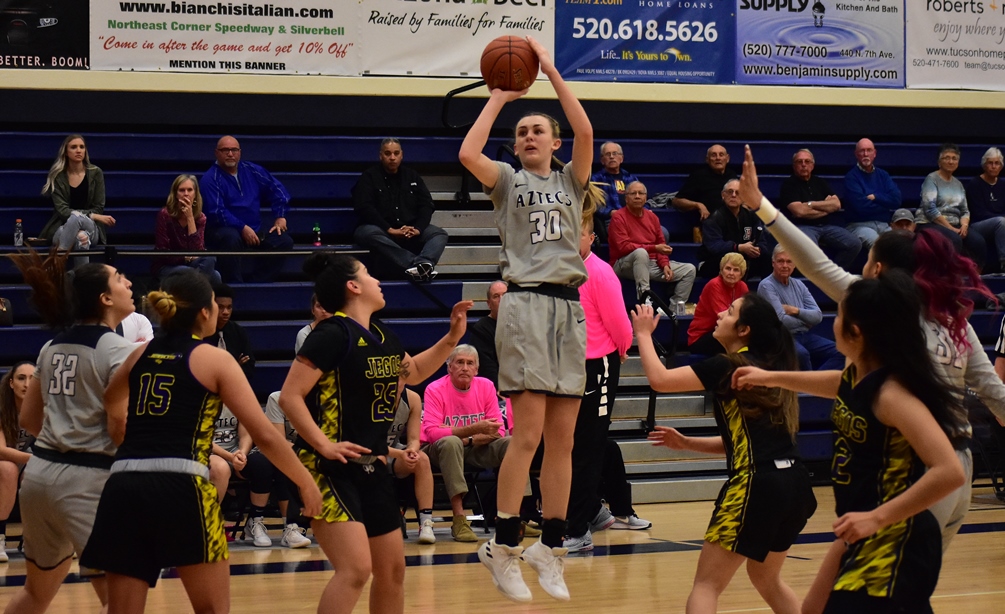 Freshman Hallie Lawson scored 22 points on 10 for 15 shooting as the Aztecs women's basketball team beat Chandler-Gilbert Community College 92-83 to advance to the NJCAA Region I, Division II finals. They will face off with Mesa Community College on Saturday for the 10th time in 11 years. Tipoff at 7:00 p.m. Photo by Ben Carbajal
