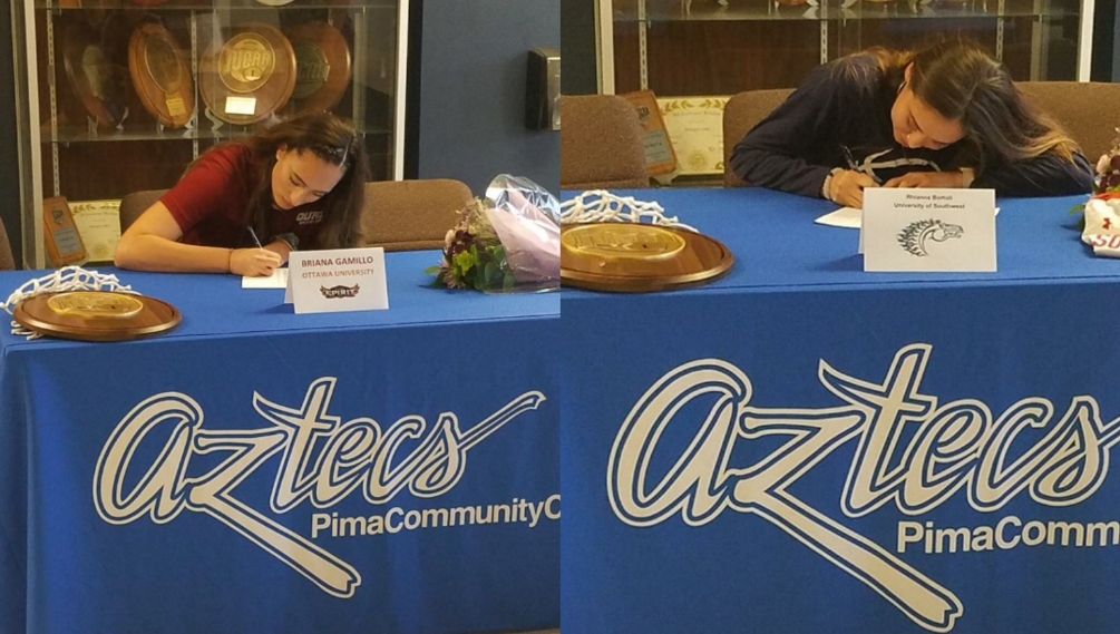 Aztecs women's basketball sophomores and fellow Walden Grove High School graduates Briana Gamillo and Rhianna Bortoli signed their letters of intent on Monday. Gamillo will play for Ottawa University Arizona while Bortoli will play at the University of the Southwest in Hobbs, NM. Both schools are part of the NAIA. Photos courtesy of Todd Holthaus