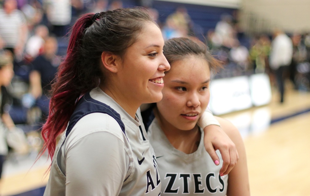 Sophomores Shauna Bribiescas (left) and Jacqulynn Nakai (Coconino HS) were selected NJCAA All-Americans. Nakai earned the first team nod for the second straight year as she broke the Pima scohool records in points and assists. Bribiescas was named to the second team after she posted 13 double-doubles on the season. Photo by Stephanie Van Latum