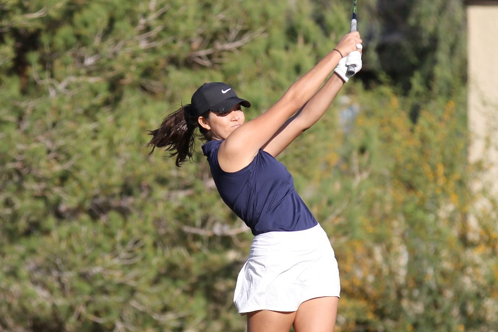Sophomore Araceli Esquivel (Salpointe Catholic HS) took fourth place in the individual standings for the second straight tournament. She shot a 162 (81-81) at the par 72 Hillcrest Golf Course. The Aztecs took fourth place in the team standings. Photo by Rick Price