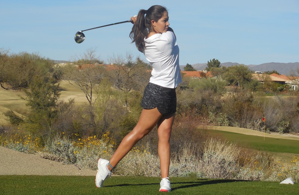 Sophomore Araceli Esquivel (Salpointe Catholic HS) shot a 4-over par 76 for the second straight day as she moved up to being tied for 17th place in the individual standings. She is six strokes behind from the top 10. Photo by Raymond Suarez